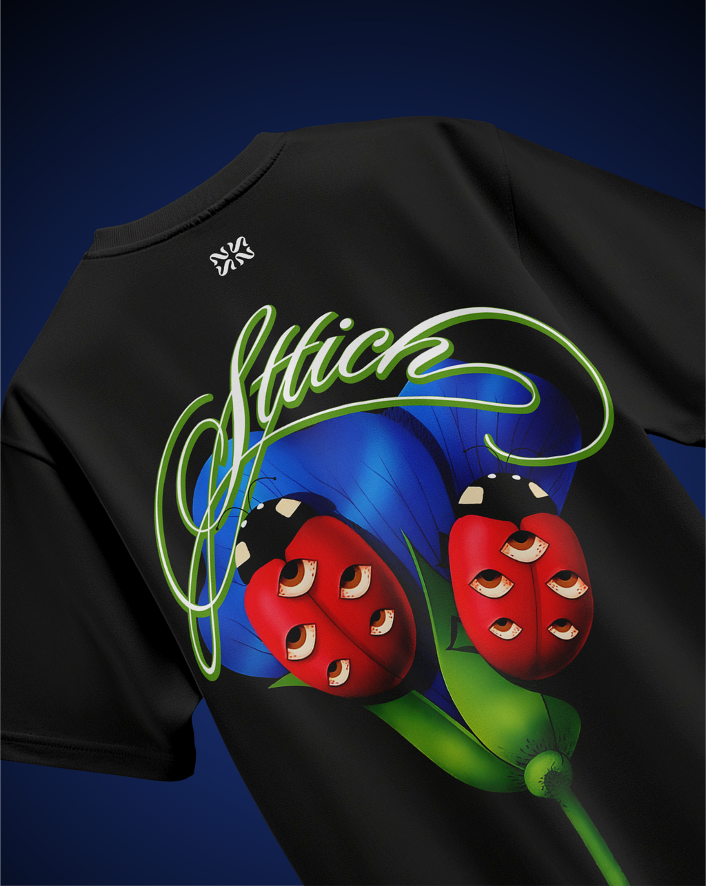 Blue Flower & fail pass Black T-Shirt