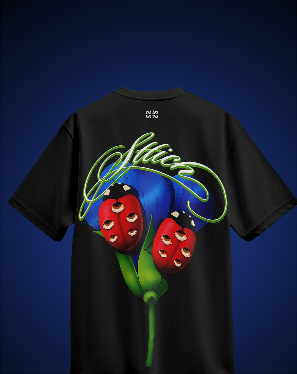 Blue Flower & fail pass Black T-Shirt