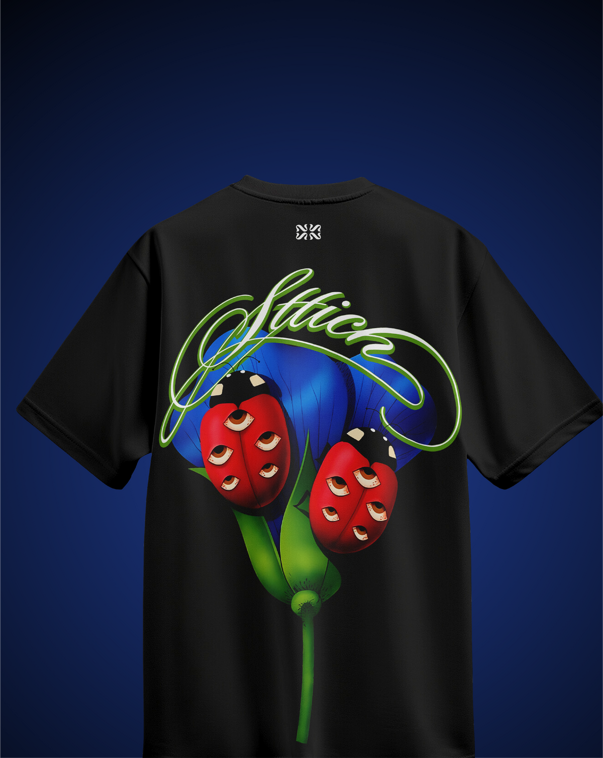 Blue Flower & fail pass Black T-Shirt