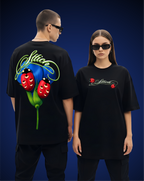 Blue Flower & fail pass Black T-Shirt