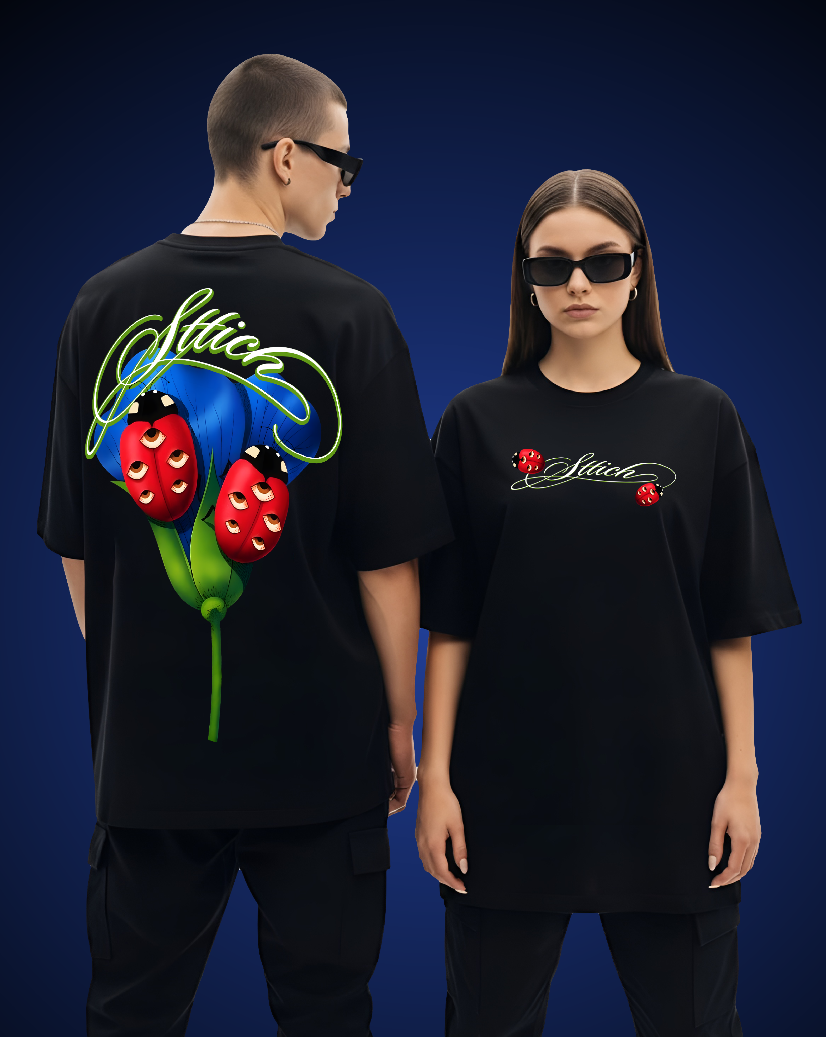 Blue Flower & fail pass Black T-Shirt